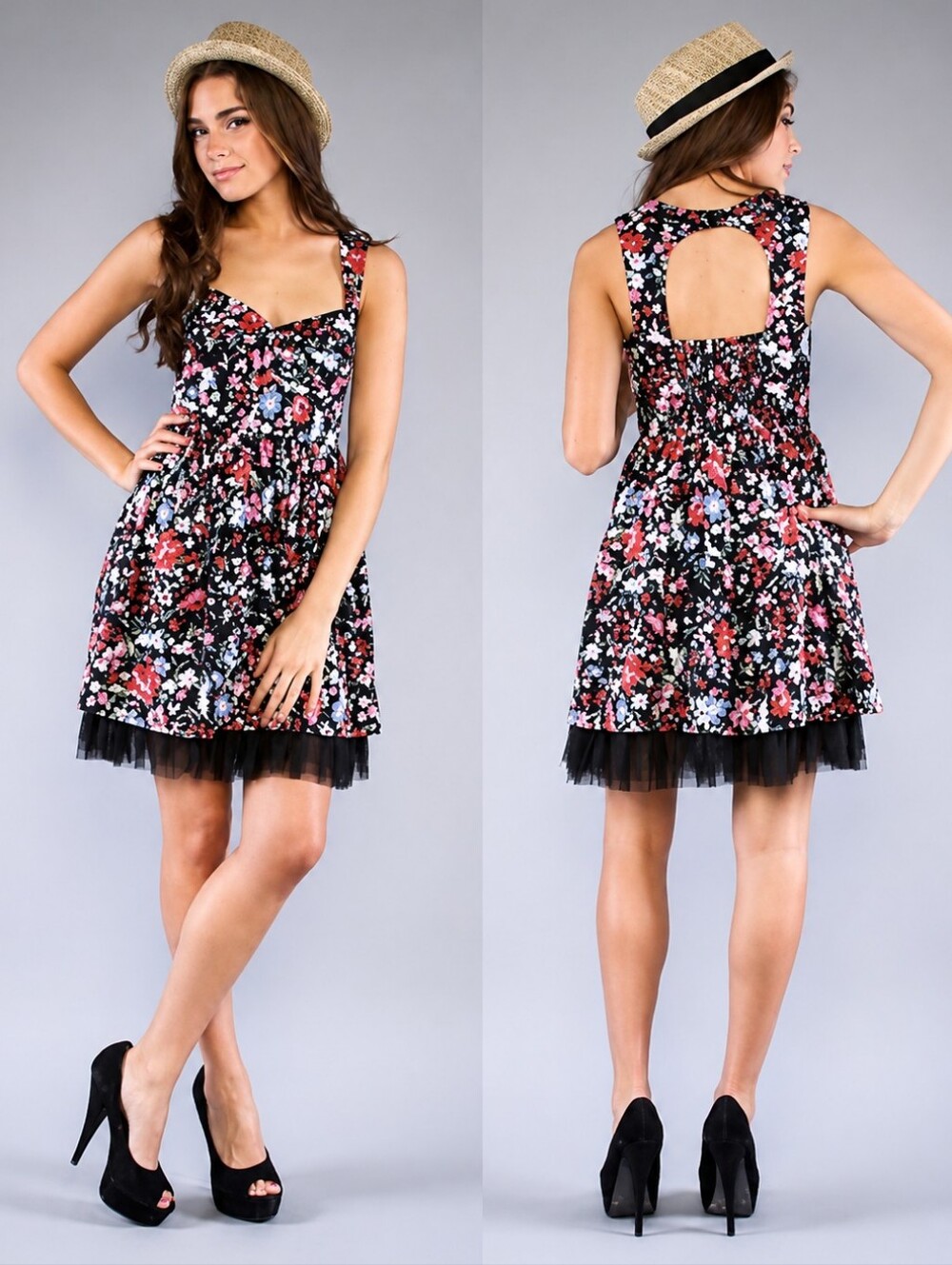 Free People Black Multicolor Floral Tulle Trim Fit & Flare Dress Size 2